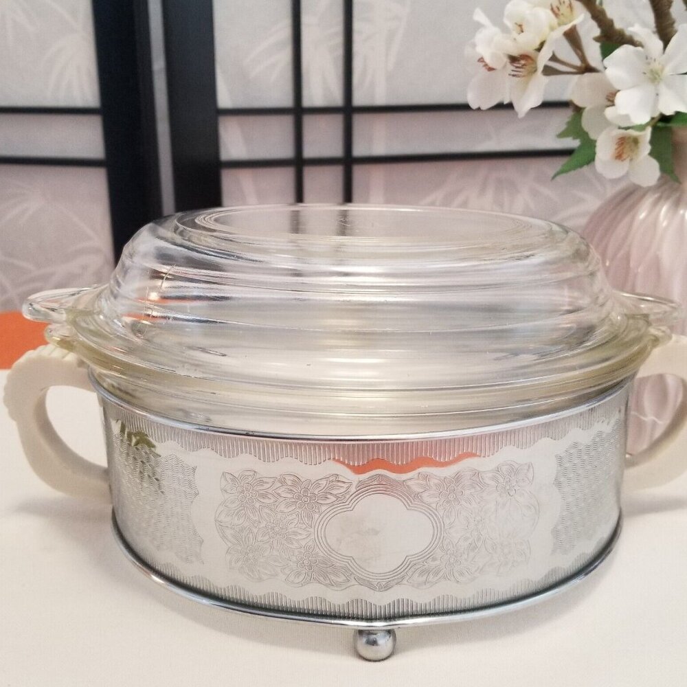20s Phoenix Glass Beehive Glass Casserole w/Server & Art Deco Bakelite Handles